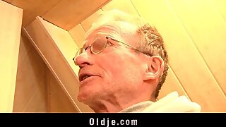Horny blonde nubile fucked by two nice grandfathers